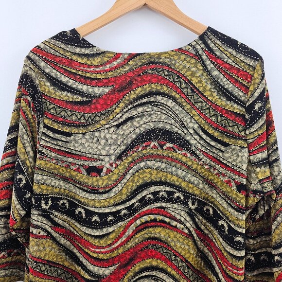 Notations Textured Top 2X Black Red Yellow 3/4 Sleeve Earthy Artsy Stretch Fall - Picture 7 of 9